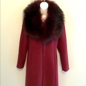 White House Black Market Burgundy Wool 3/4 Coat with Faux Fur Trim Size M